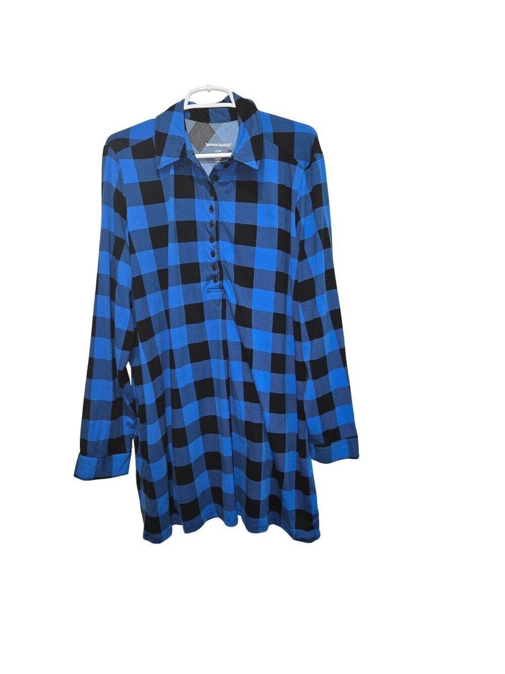 Woman Within 1X Blue Black Buffalo Plaid Tunic Top 22/24 Plus